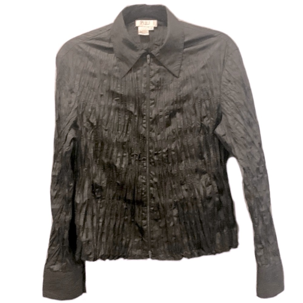 PULI vintage black zip Front collared blouse w/ wide cuffs and crinkled texture.